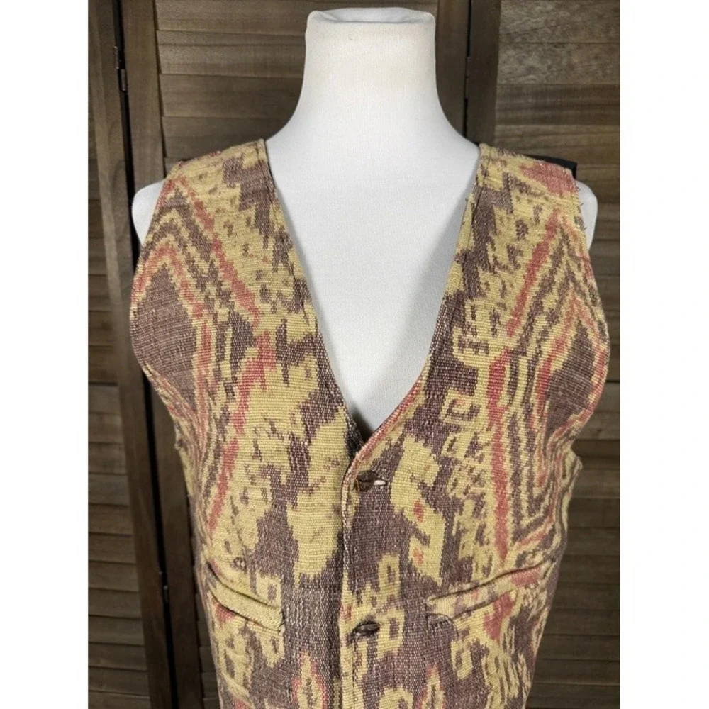 Hand Made Indonesia Woven Ikat Vest Brown Tan Red Boho Waistcoat‎ Mens Womens M
